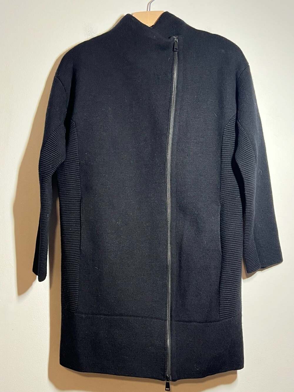 Vince Black 100% Wool Moto Longline Asymmetrical Zip Cardigan Sweater Jacket S